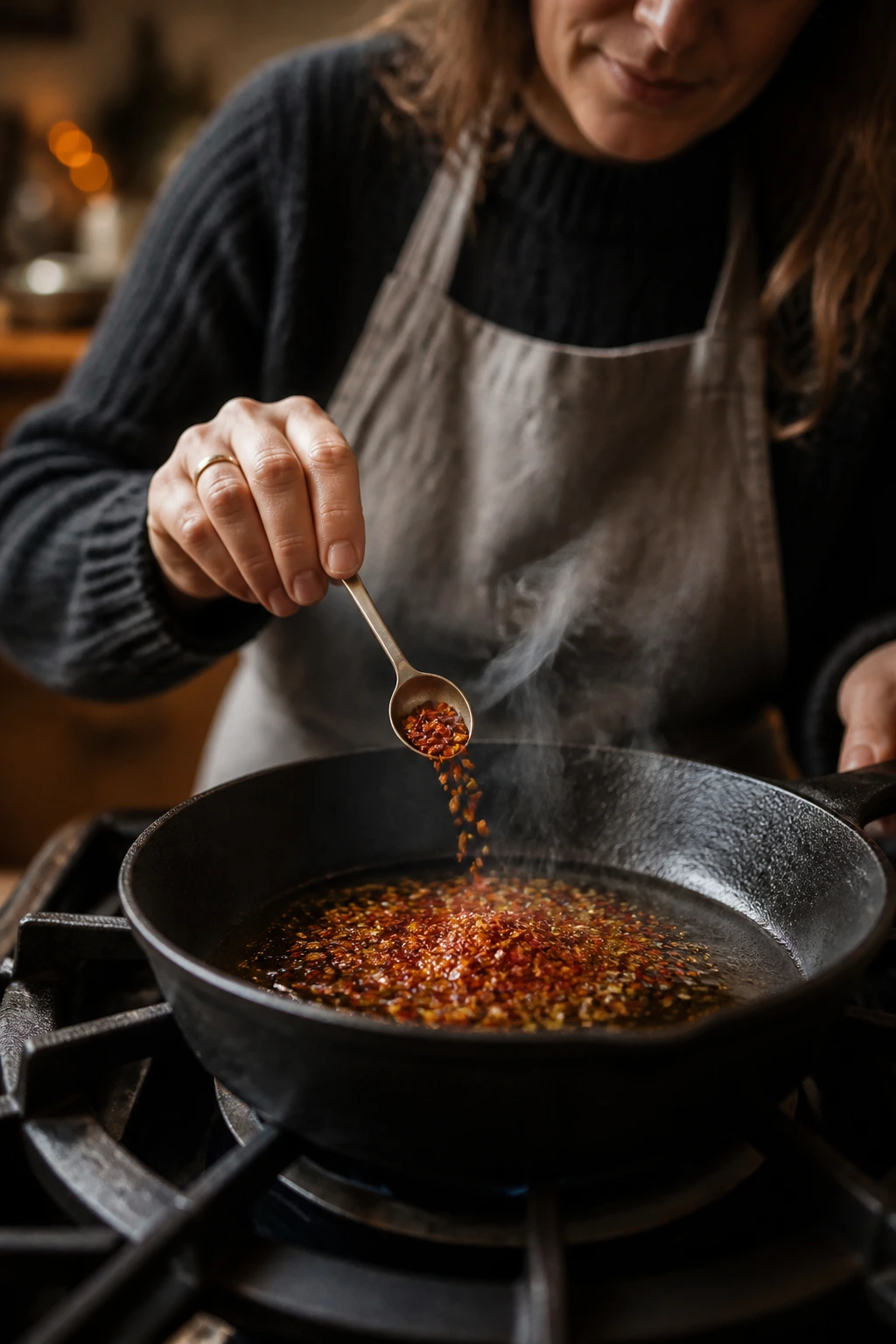 Hands stirring chili flakes blooming in oil in a skillet on a warm stove.