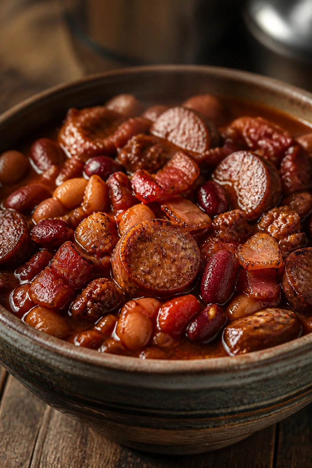 Thick chili with sausage and bacon in a rustic bowl