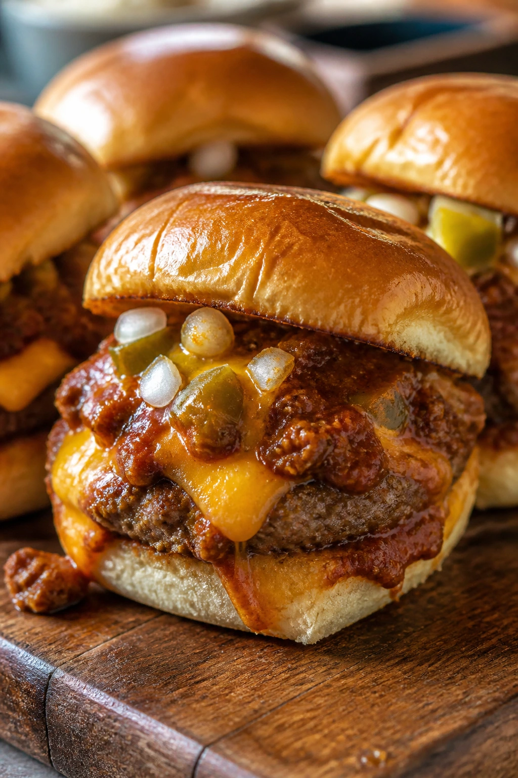 Close-up of a chili cheese slider with thick chili and melted cheddar on a wooden board