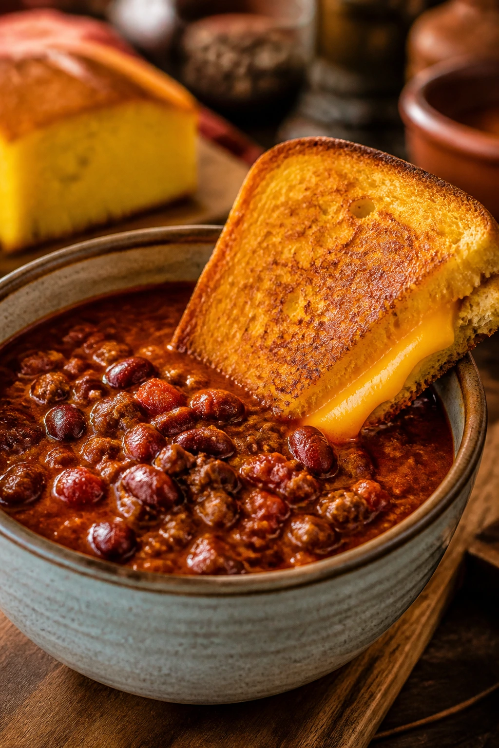 Close-up of thick chili soup with cornbread grilled cheese on a rustic bowl.