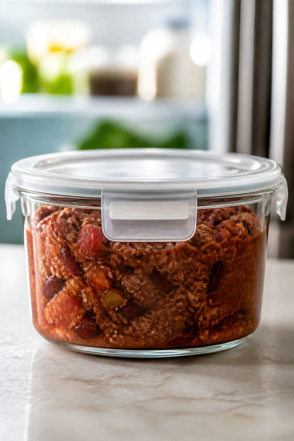 Glass container with chili ready for storage on kitchen counter.