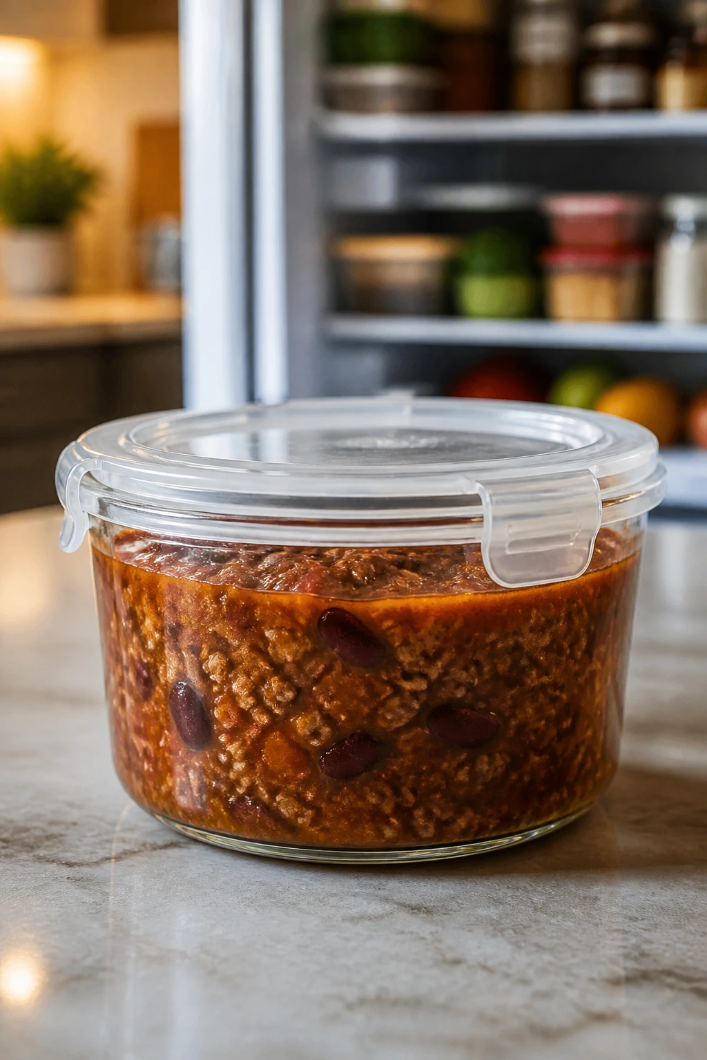 Chili stored in a glass container on a kitchen counter