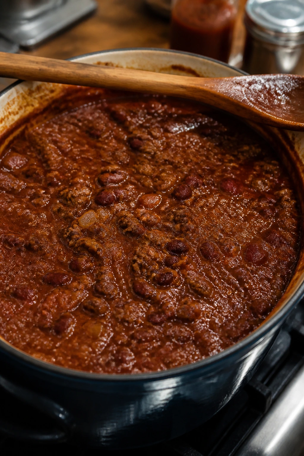Pot of thick chili simmering on the stove with a wooden spoon.