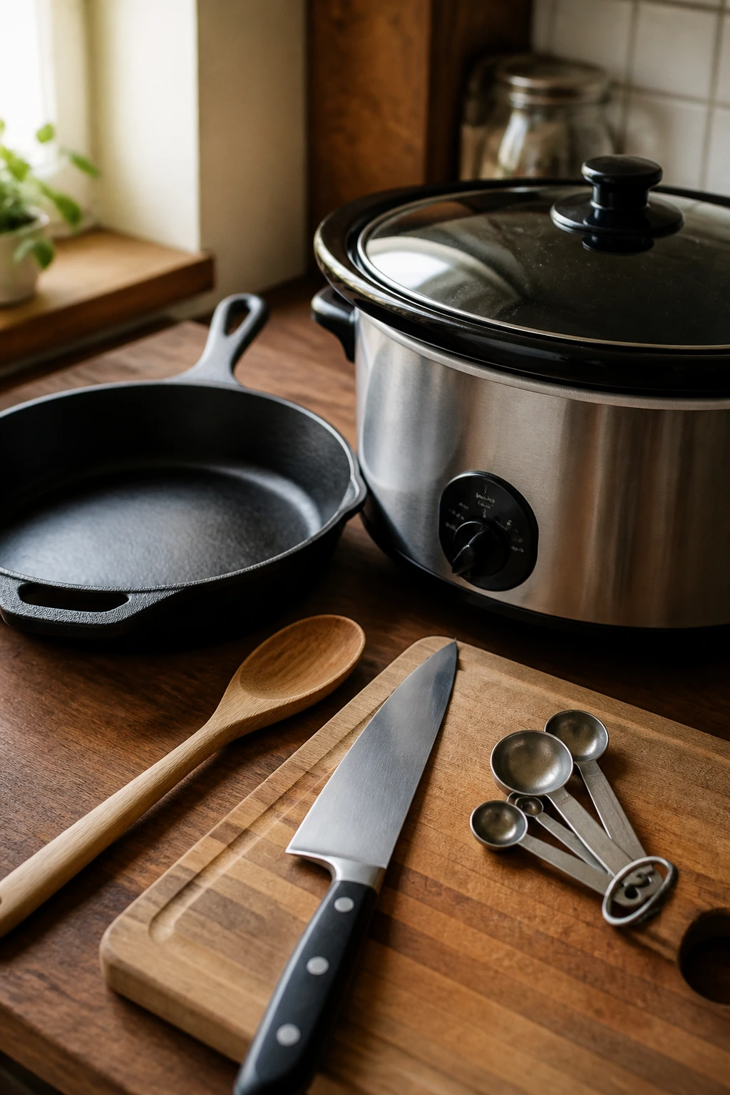 Tools for making chili arranged on a wooden surface