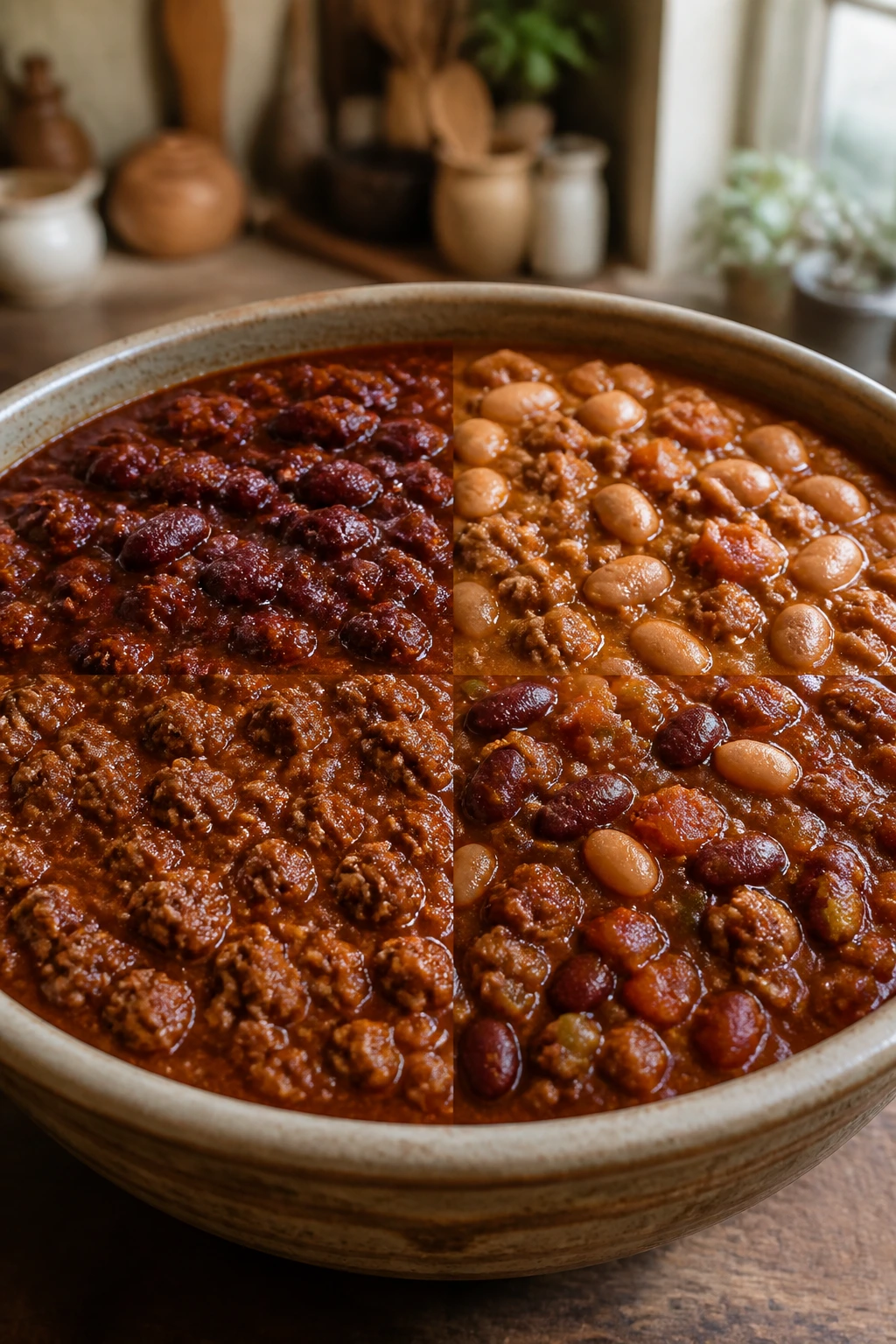 Close-up of chili with four color zones representing variations in a rustic bowl