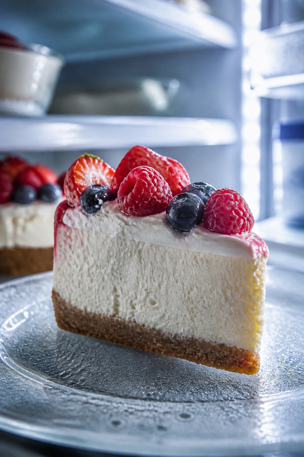Chilled cheesecake slice with berries under cool lighting