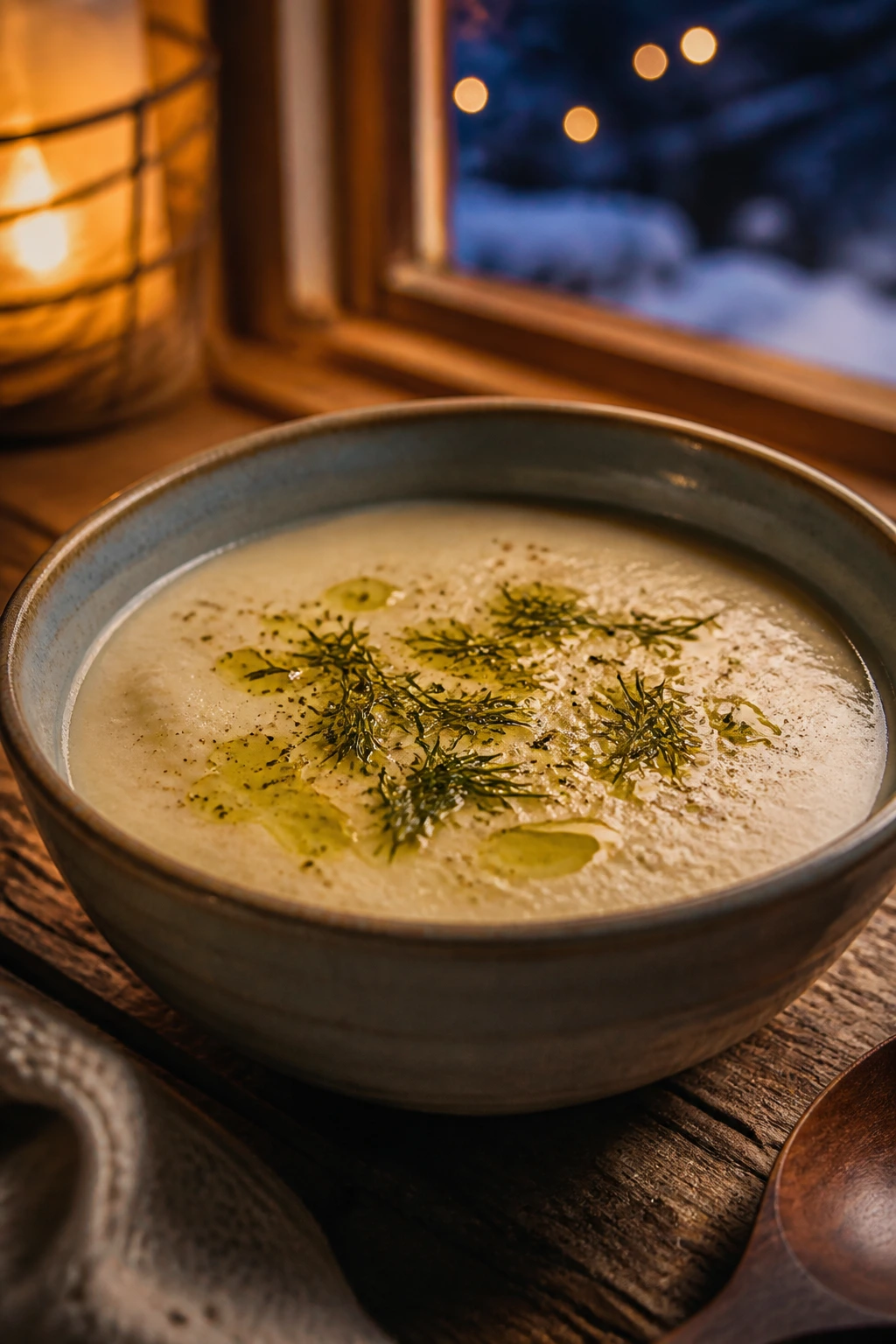Close-up of pale chilled soup in a bowl on wooden table with warm window light