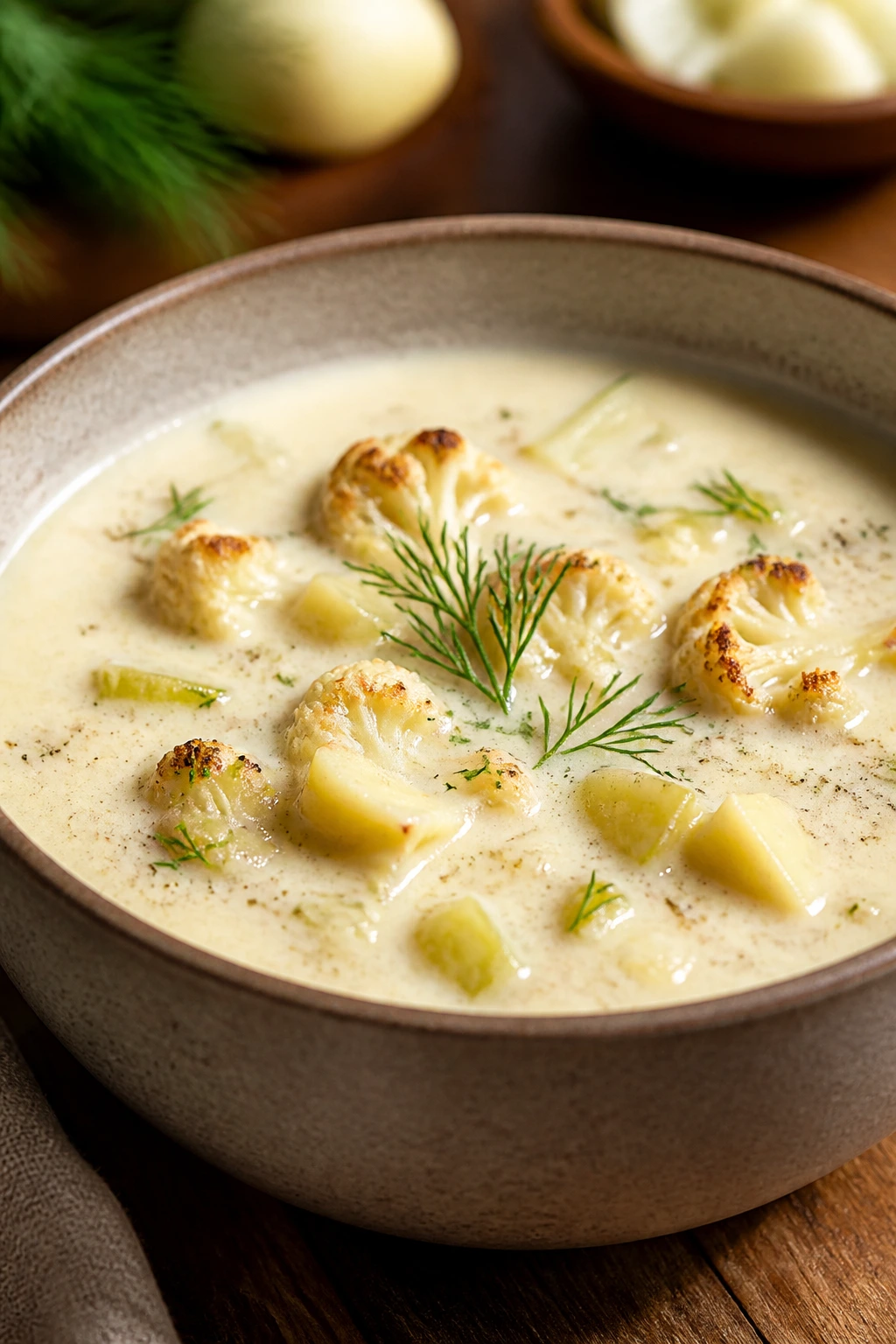 Creamy pale soup with cauliflower and potato visible