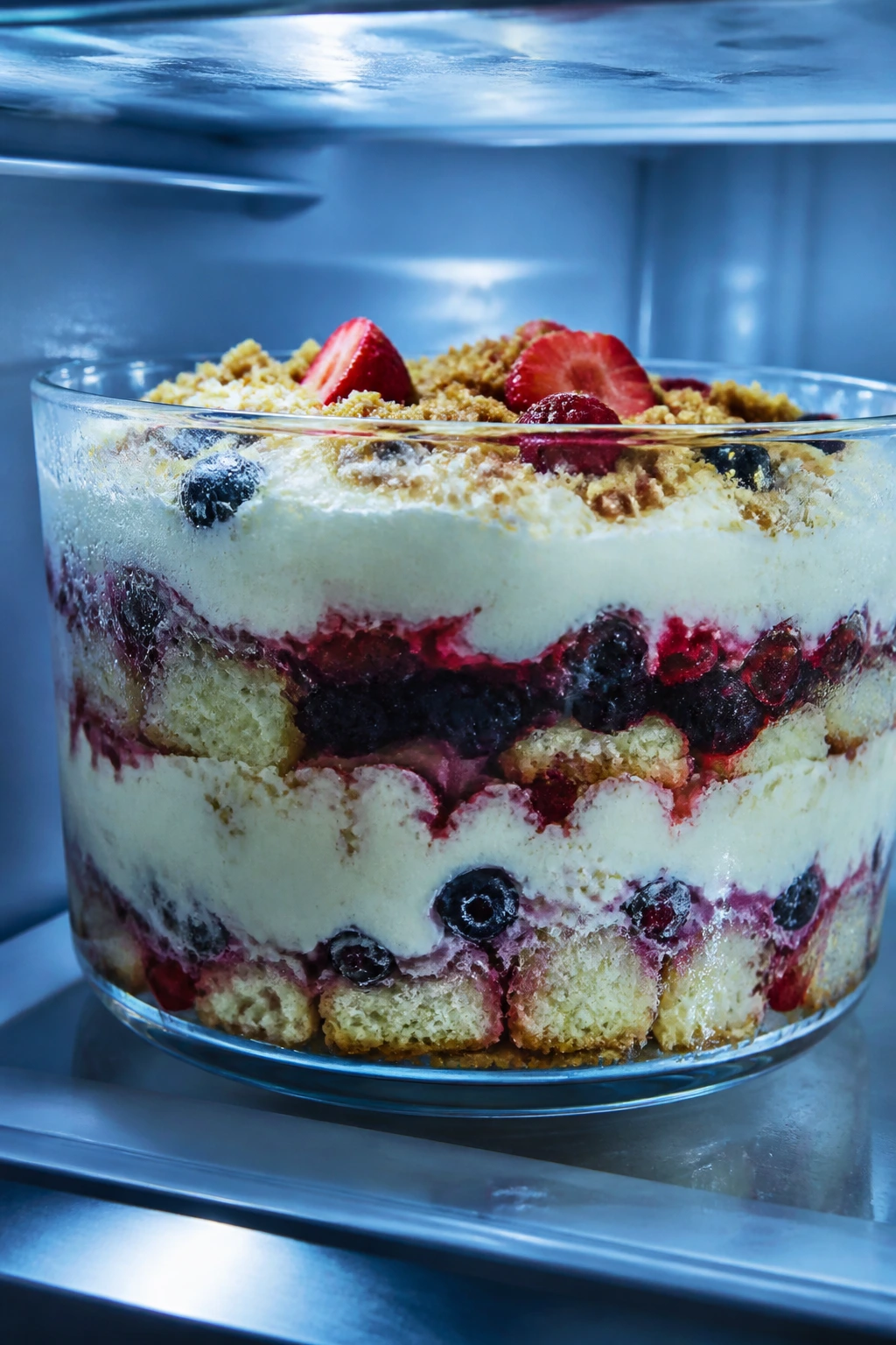 Trifle bowl with layered dessert chilling in the fridge, condensation on glass