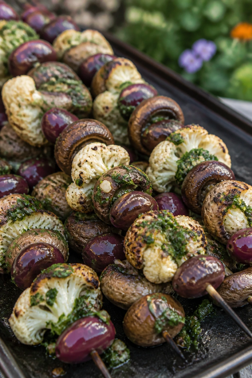 Close-up of Chimichurri Cauliflower Mushroom and Olive Skewers
