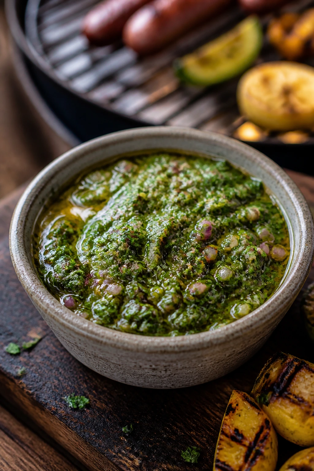 Chimichurri sauce in a rustic bowl with charred backdrop