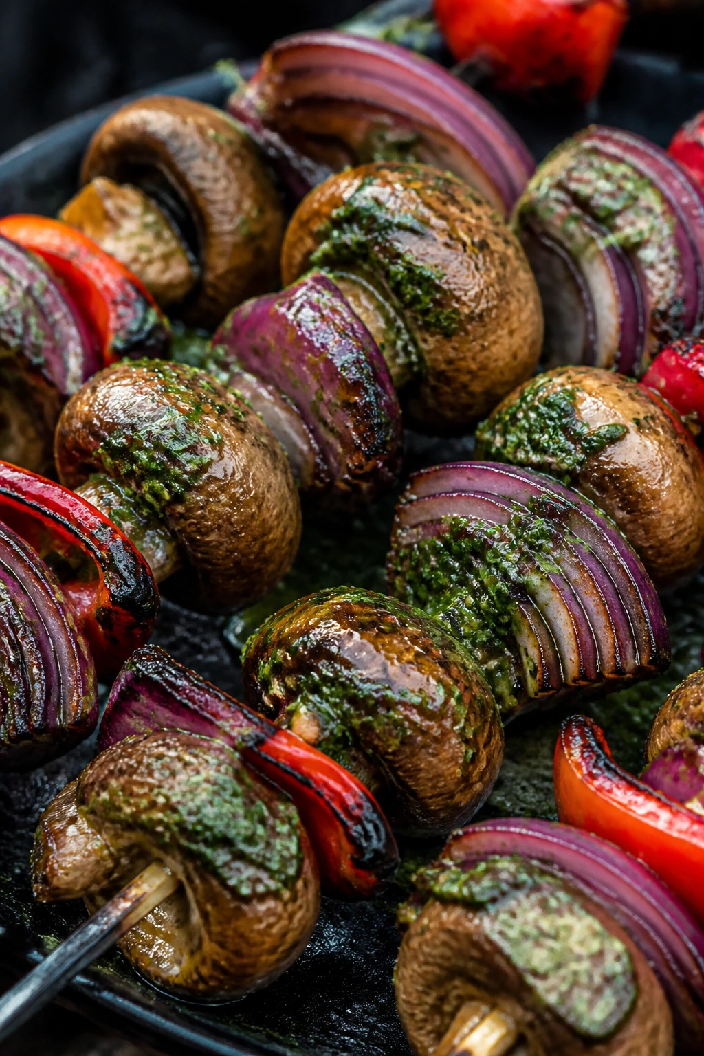 Chimichurri mushroom and red onion skewers