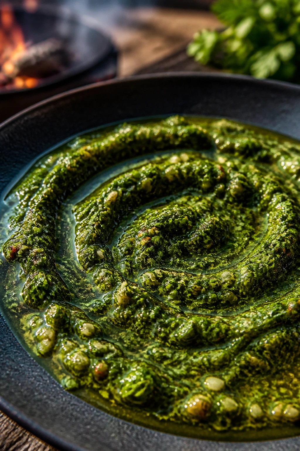 Bright green chimichurri sauce on a dark plate in an outdoor cooking setting