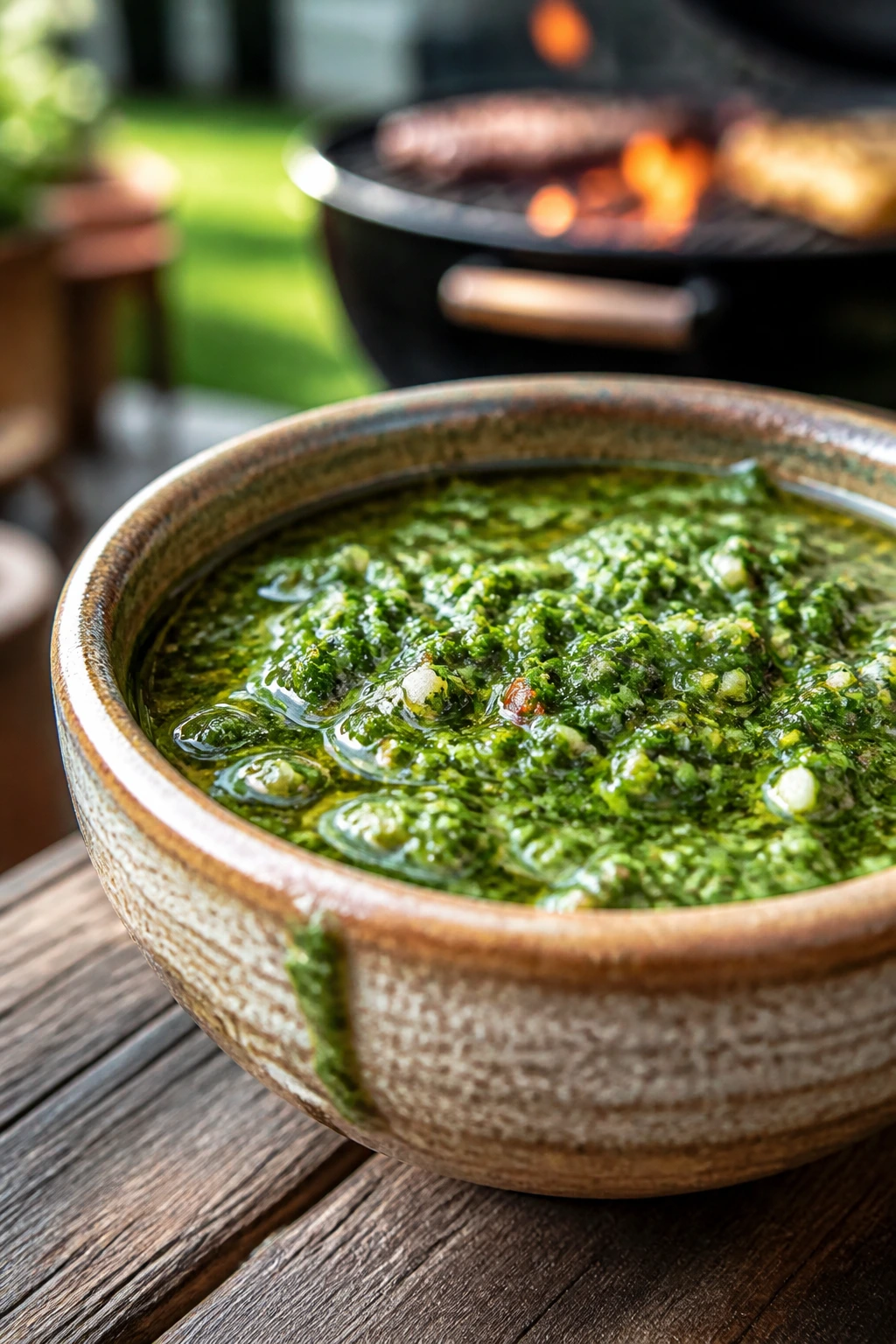 Chimichurri sauce in a rustic bowl on an outdoor table