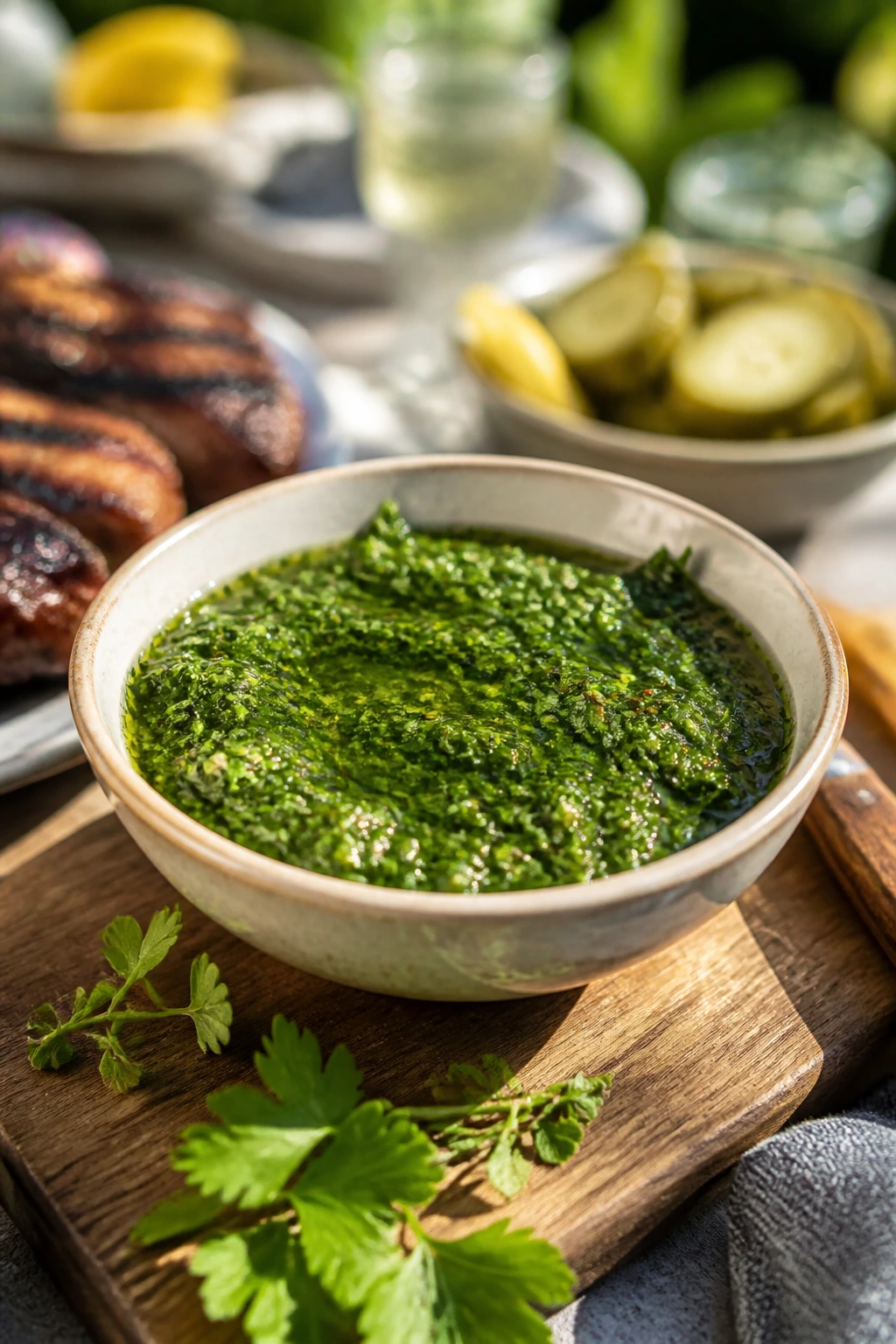 Small bowl of bright green chimichurri sauce on a wooden board