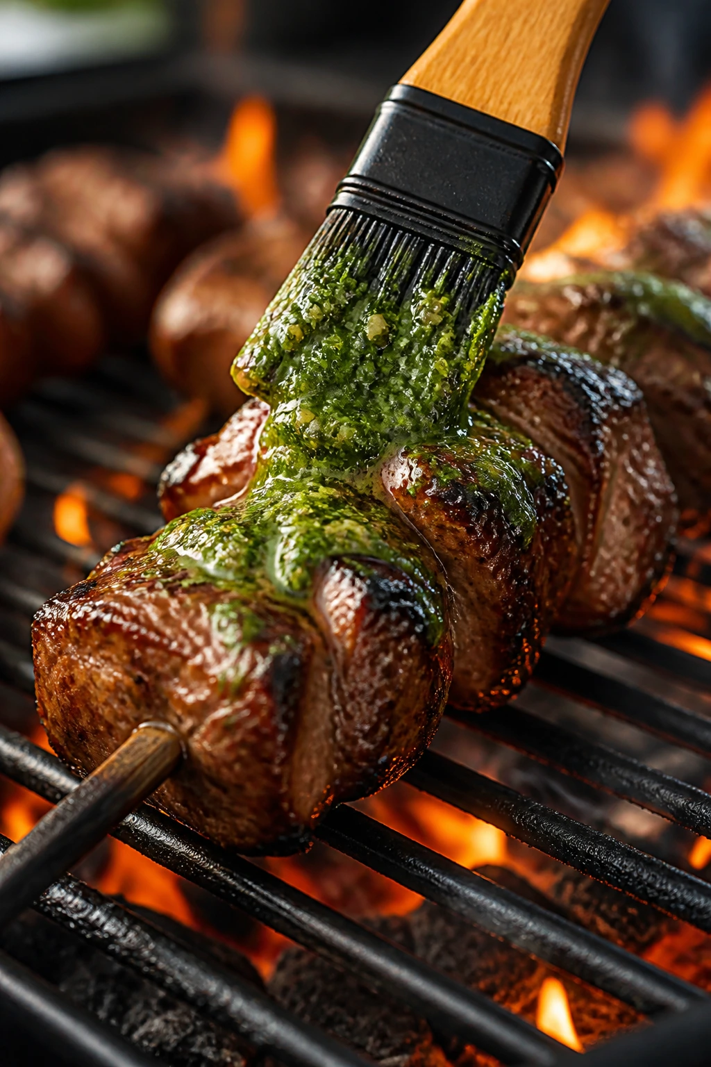 Beef skewer brushed with chimichurri on a grill with visible char and flames.