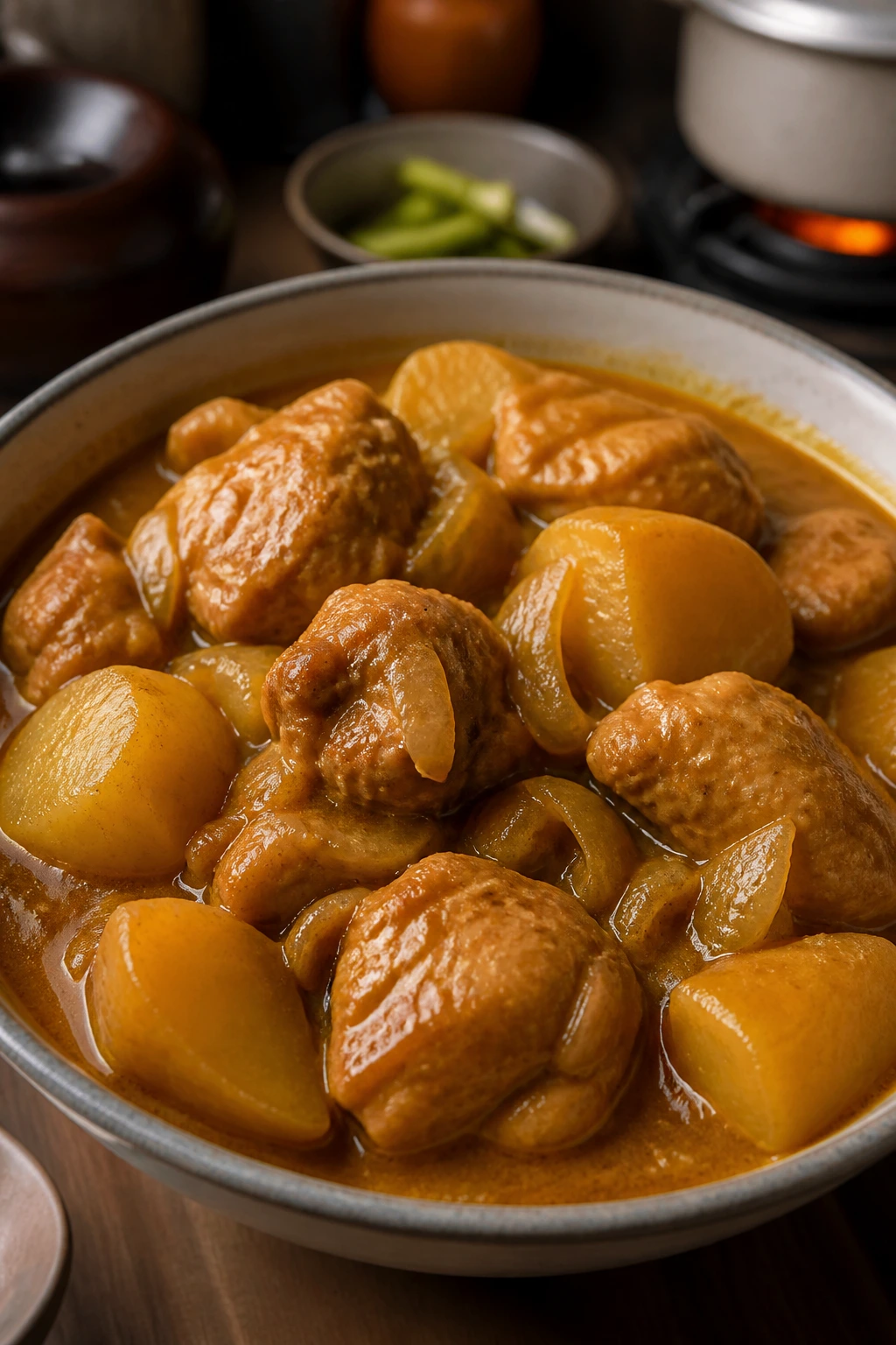 Close-up of Chinese chicken curry with potatoes in golden sauce.