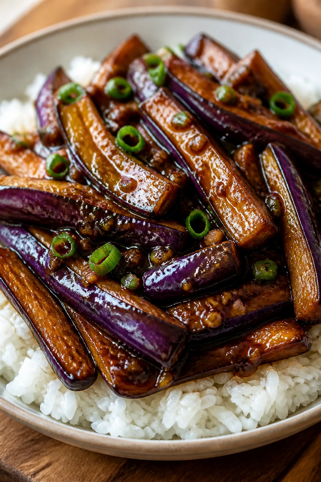 Silky Chinese eggplant in garlic sauce over rice on plate