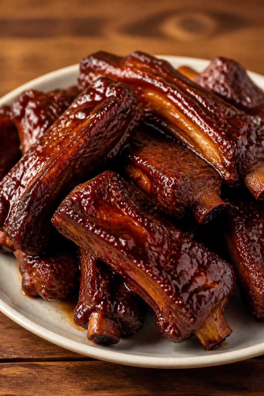 Close-up of sticky glazed Chinese spare ribs on plate