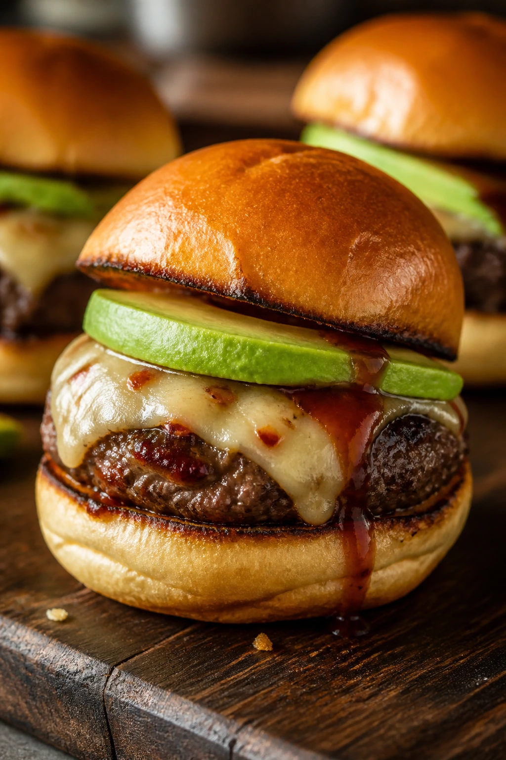Beef slider with pepper jack and avocado on dark board