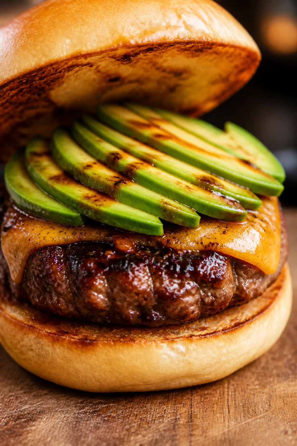 Close-up Chipotle Avocado Burger with cheddar and avocado slices