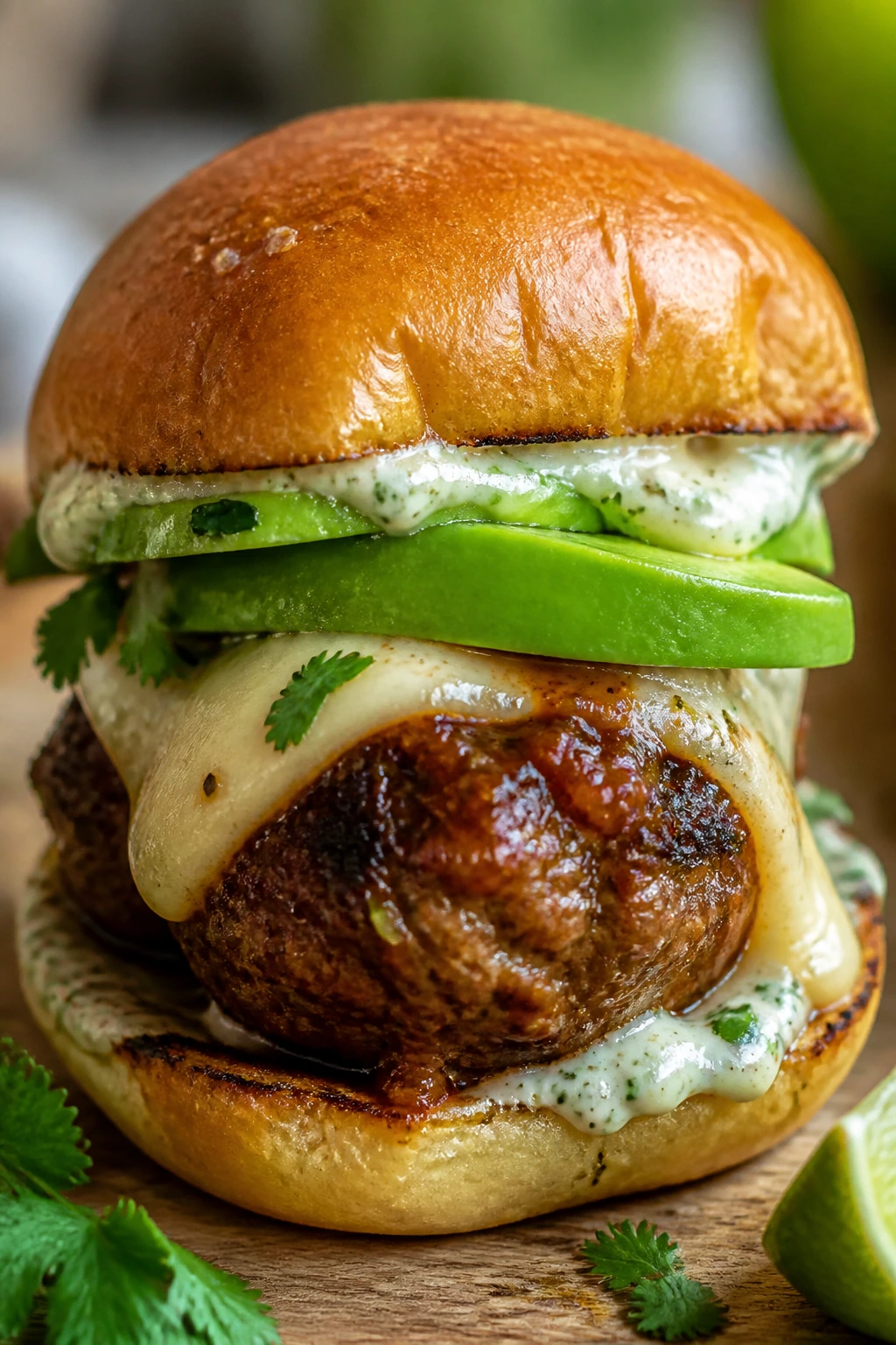 Close-up of chipotle avocado lime meatball slider with avocado and cheese