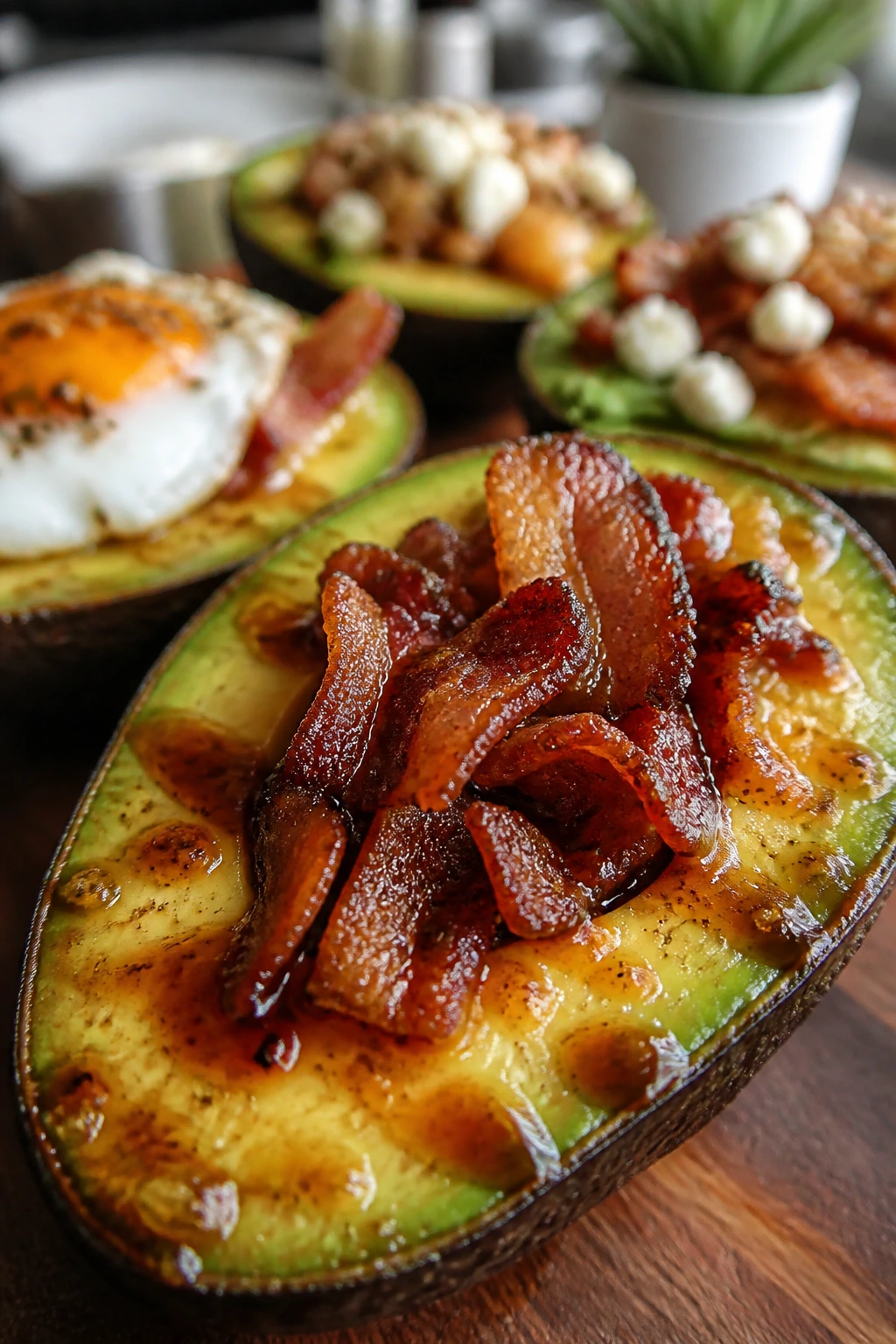 Chipotle-glazed bacon avocado half with smoky hue