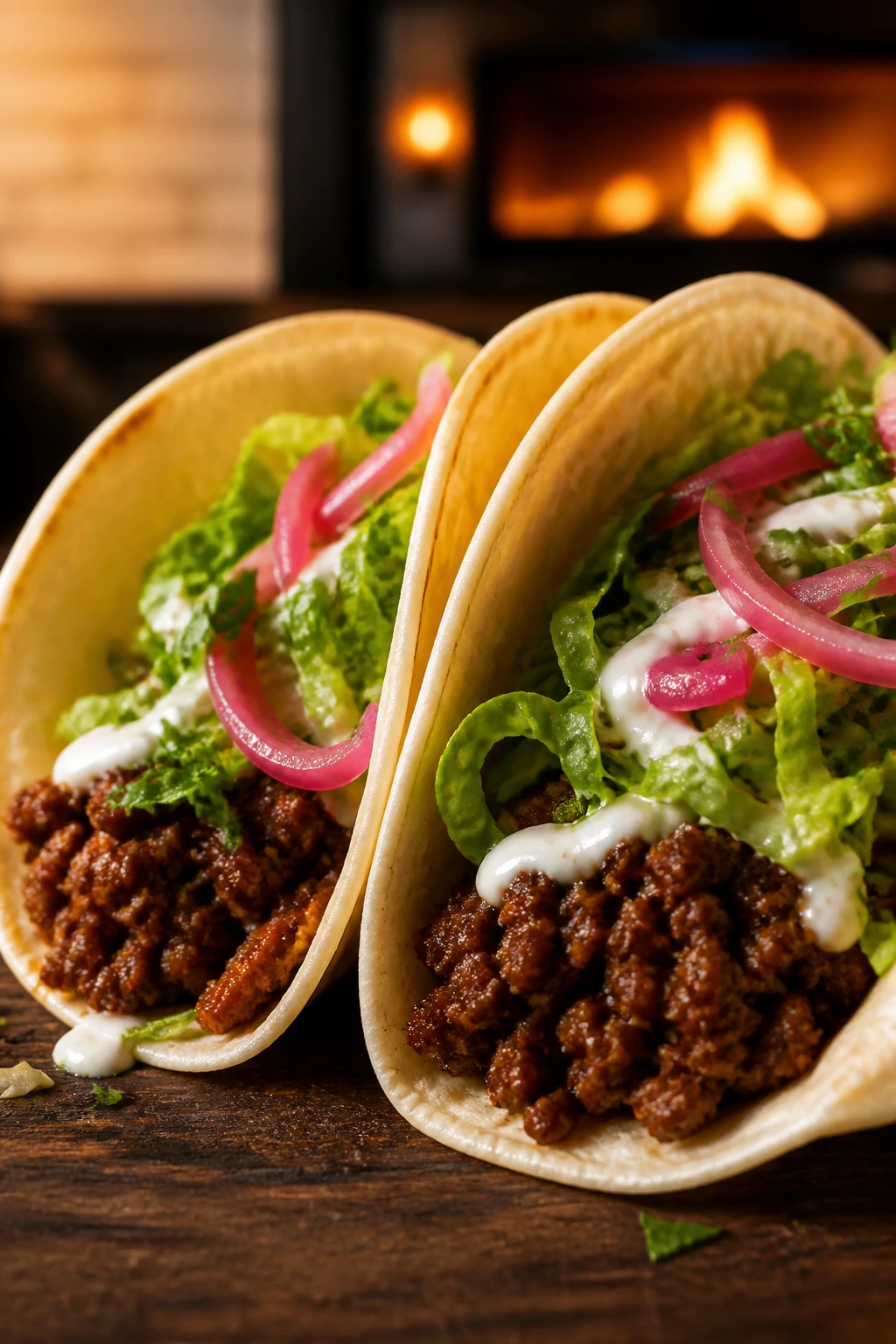 Close-up of smoky chipotle ground beef tacos with toppings