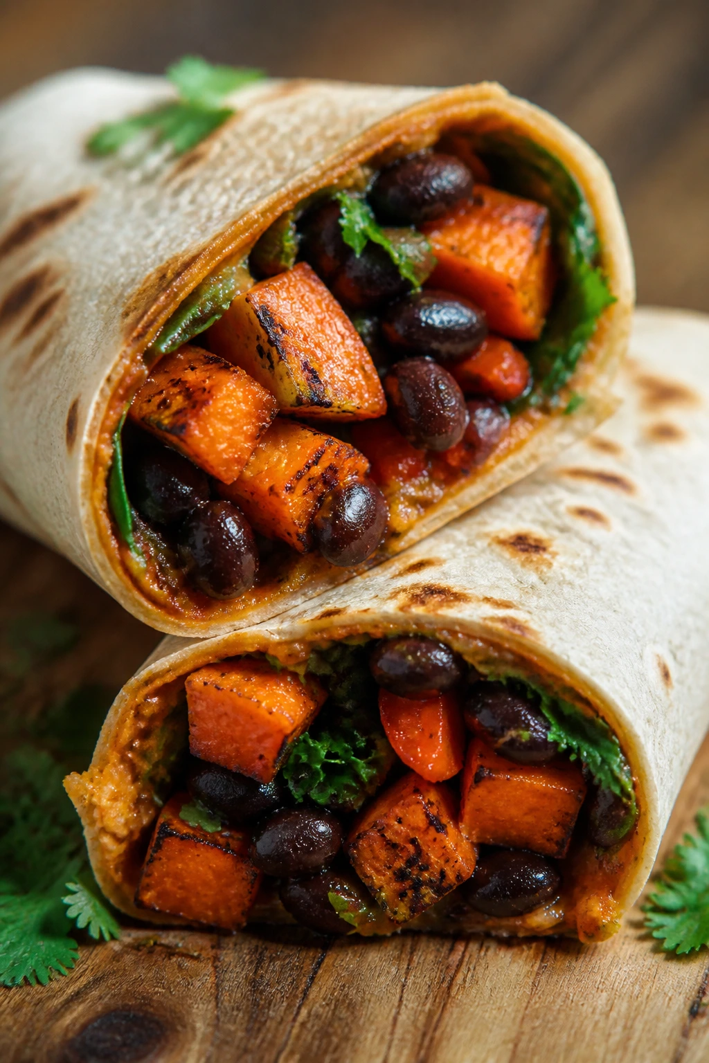 Close-up of Chipotle Black Bean and Sweet Potato Wraps showing filling inside tortilla.