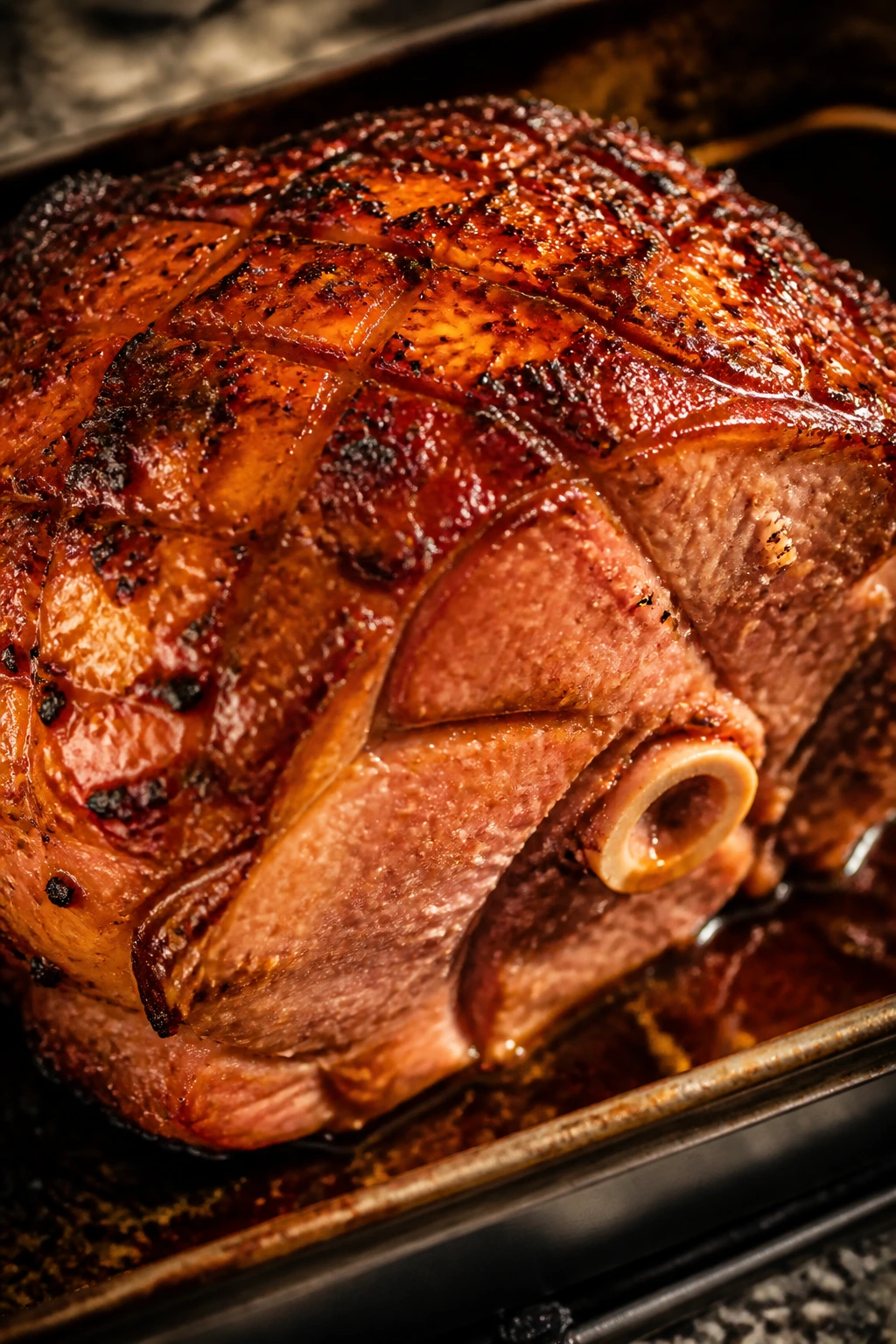 Bone-in ham with glossy chipotle glaze in a warm kitchen