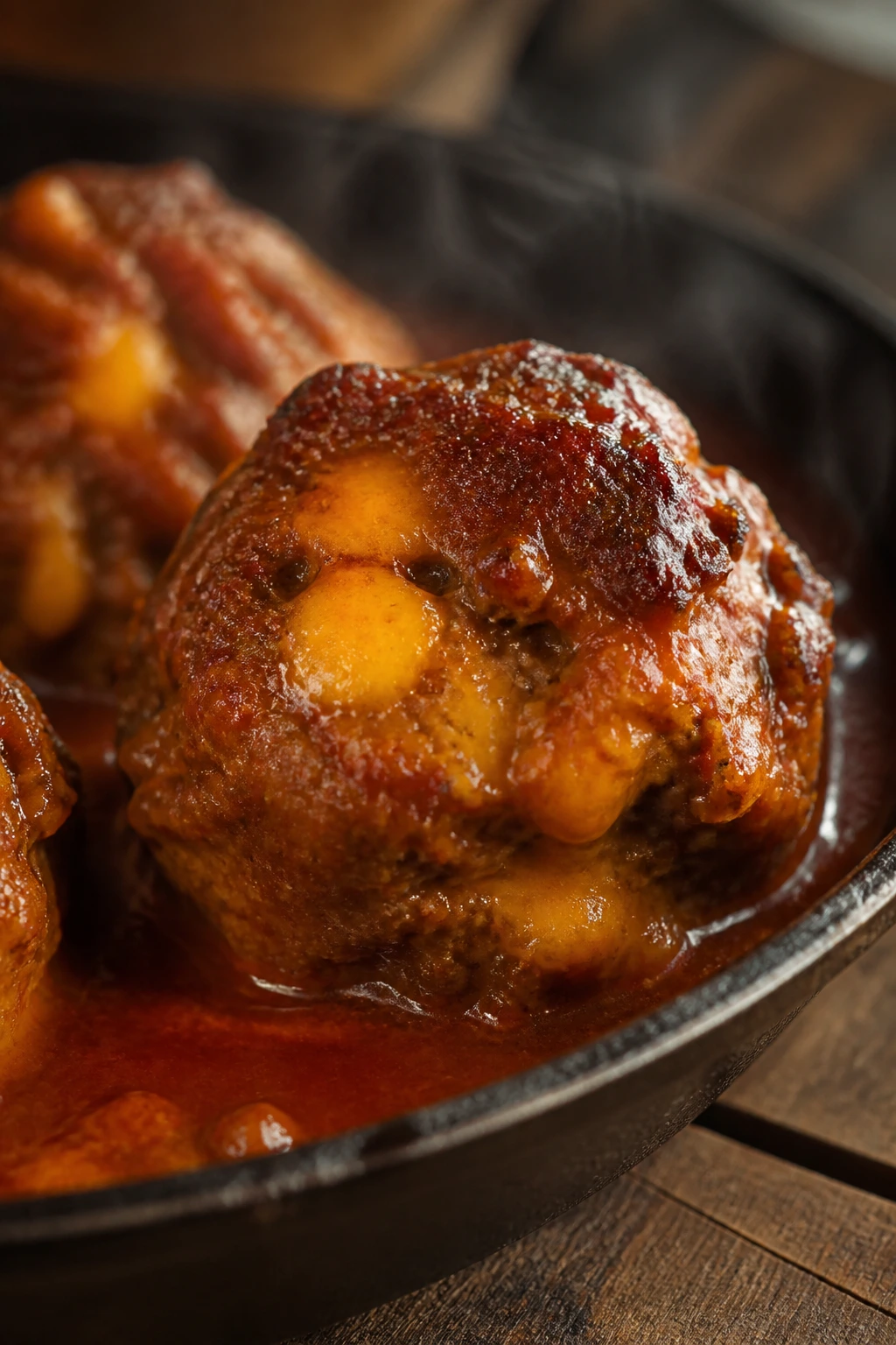 Close-up of chipotle cheddar meatball with melted cheese