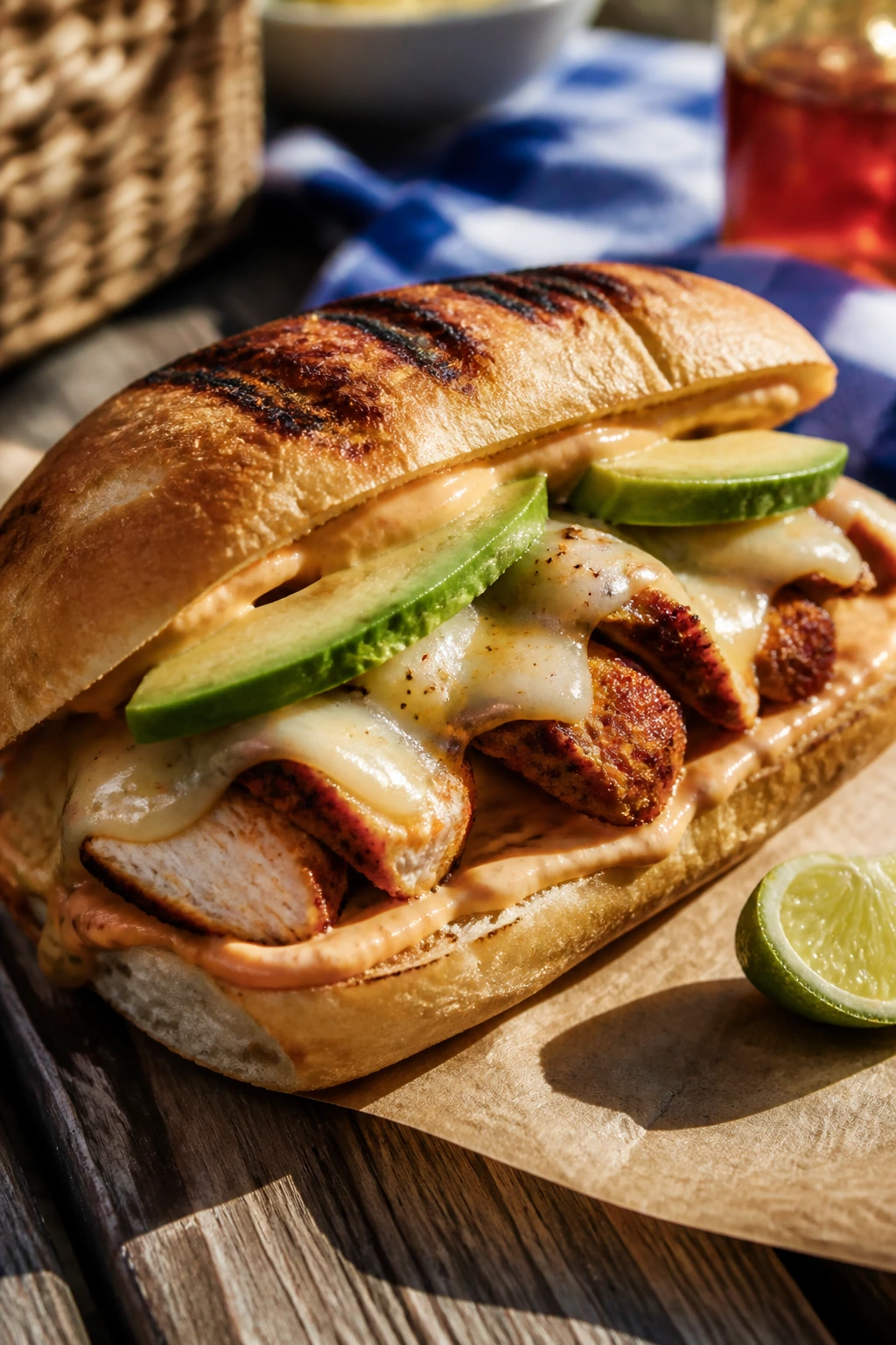 Close-up of Chipotle Chicken Avocado Sandwich with avocado and pepper jack on toasted bread.