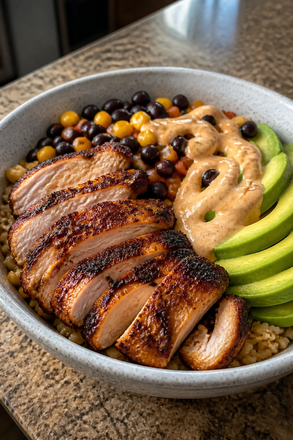 Close-up of Chipotle Chicken Black Bean Bowl with chicken, beans and avocado.
