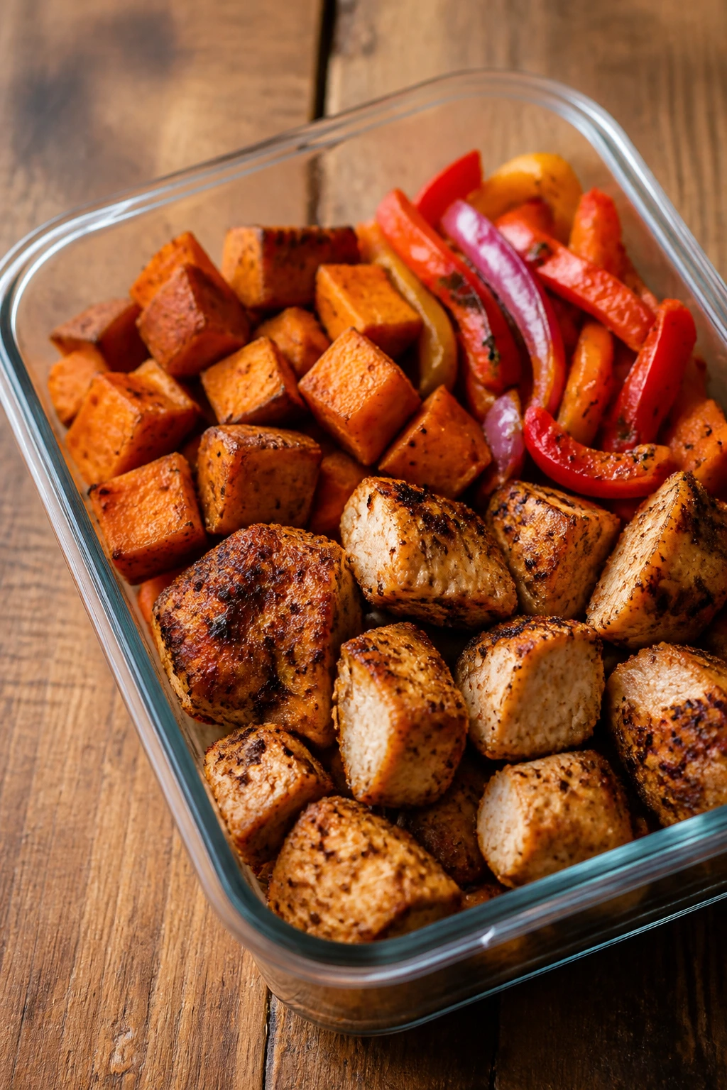 Close-up of chipotle chicken sweet potato box with peppers onion