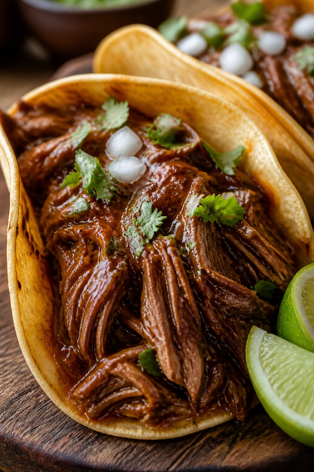 Close-up of chipotle-lime shredded beef taco with glossy sauce
