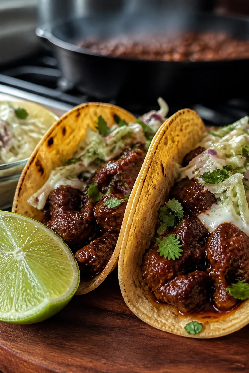 Close-up of chipotle lime beef tacos with lime wedge
