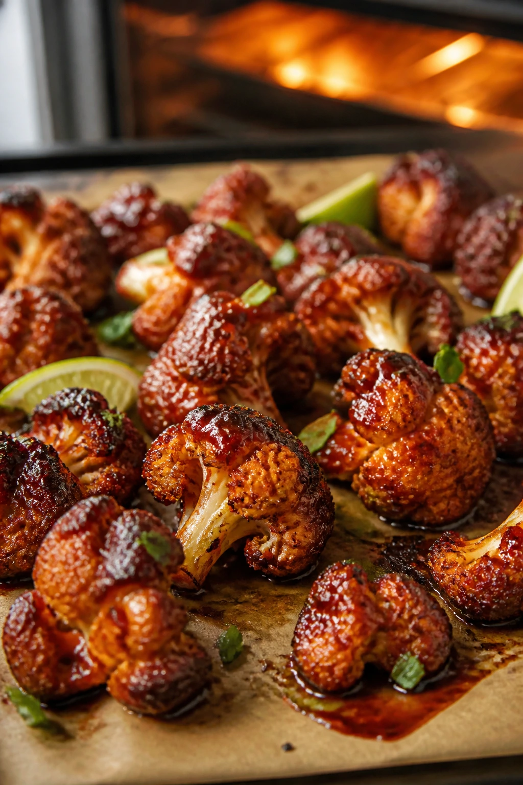 Close-up of chipotle lime cauliflower wings with glossy glaze on parchment