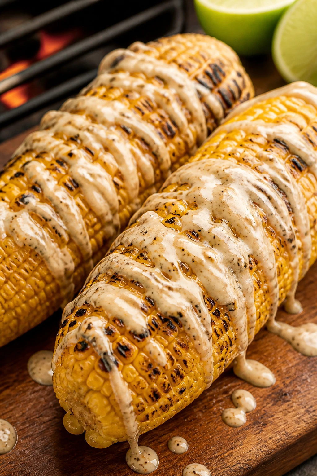 Grilled corn on the cob with cashew drizzle and char marks