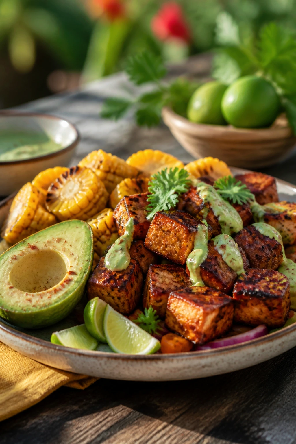 Chipotle-lime BBQ tofu plate with corn and avocado outdoors