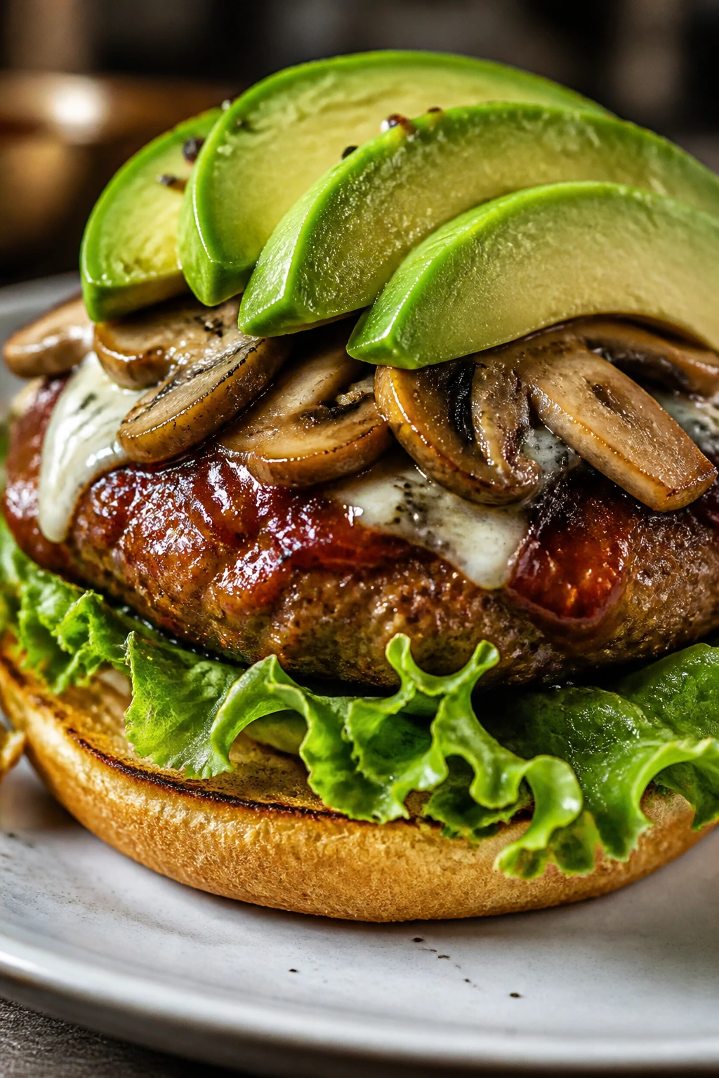 Burger with chipotle glaze, mushrooms, avocado, and lettuce on plate