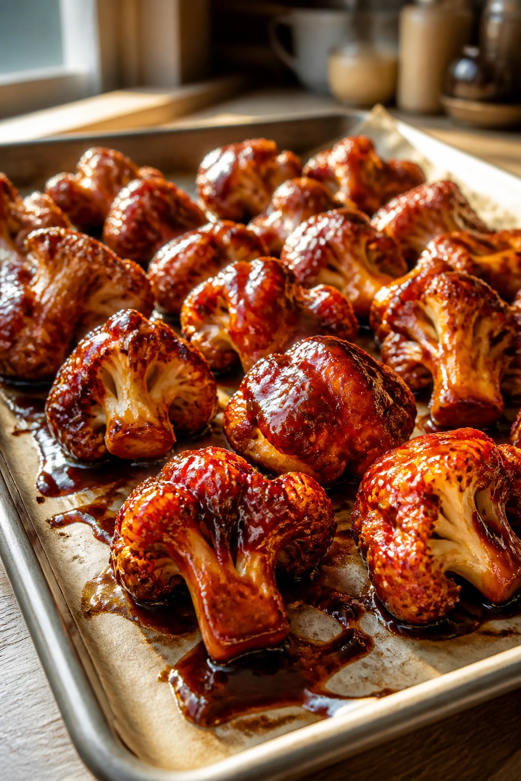 Cauliflower wings in chipotle peach BBQ glaze on parchment tray