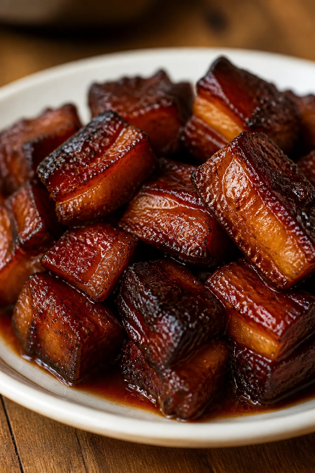 Glossy lacquered pork belly with chipotle honey glaze on plate