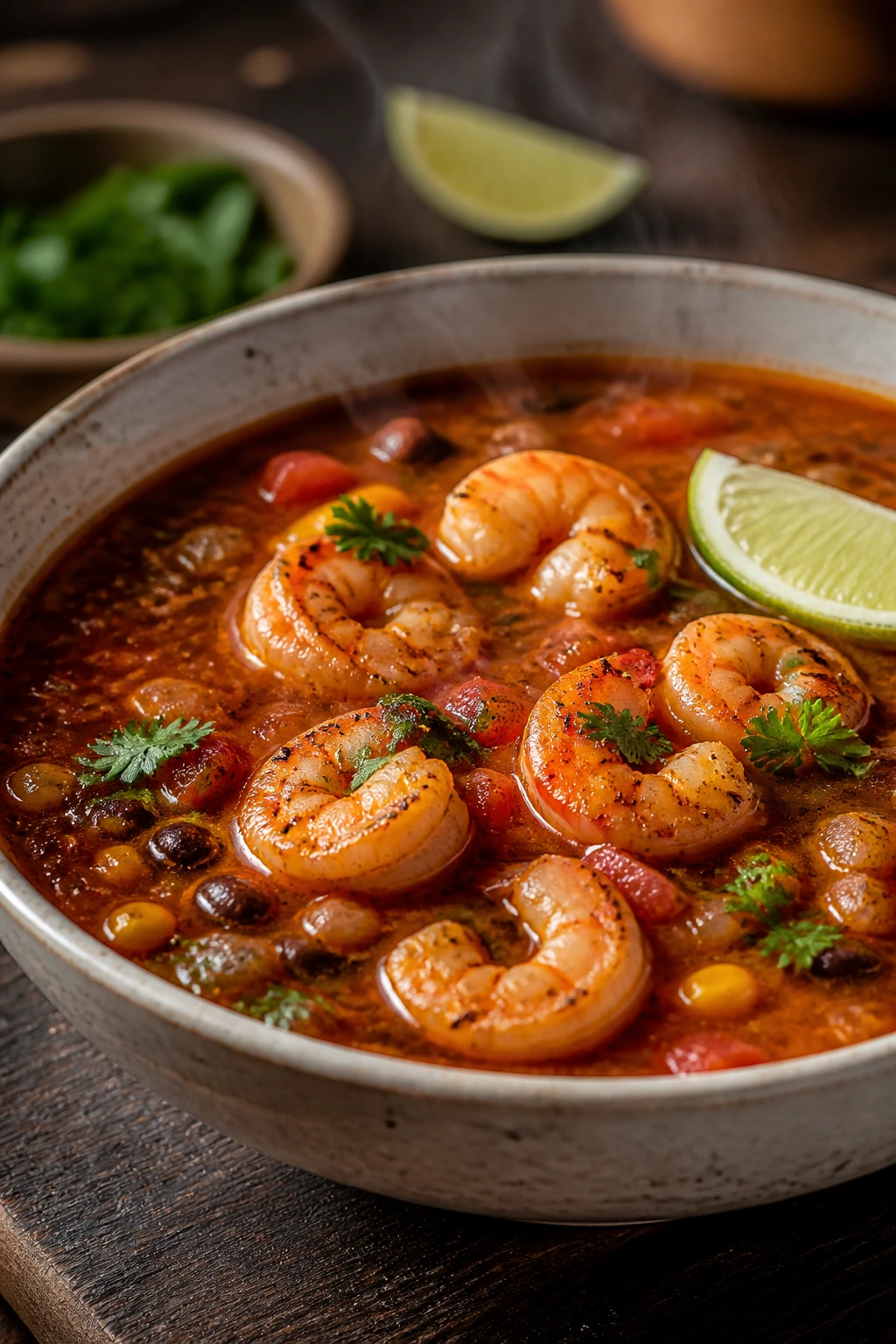 Steaming bowl of smoky chipotle shrimp soup with corn and black beans on a wooden table