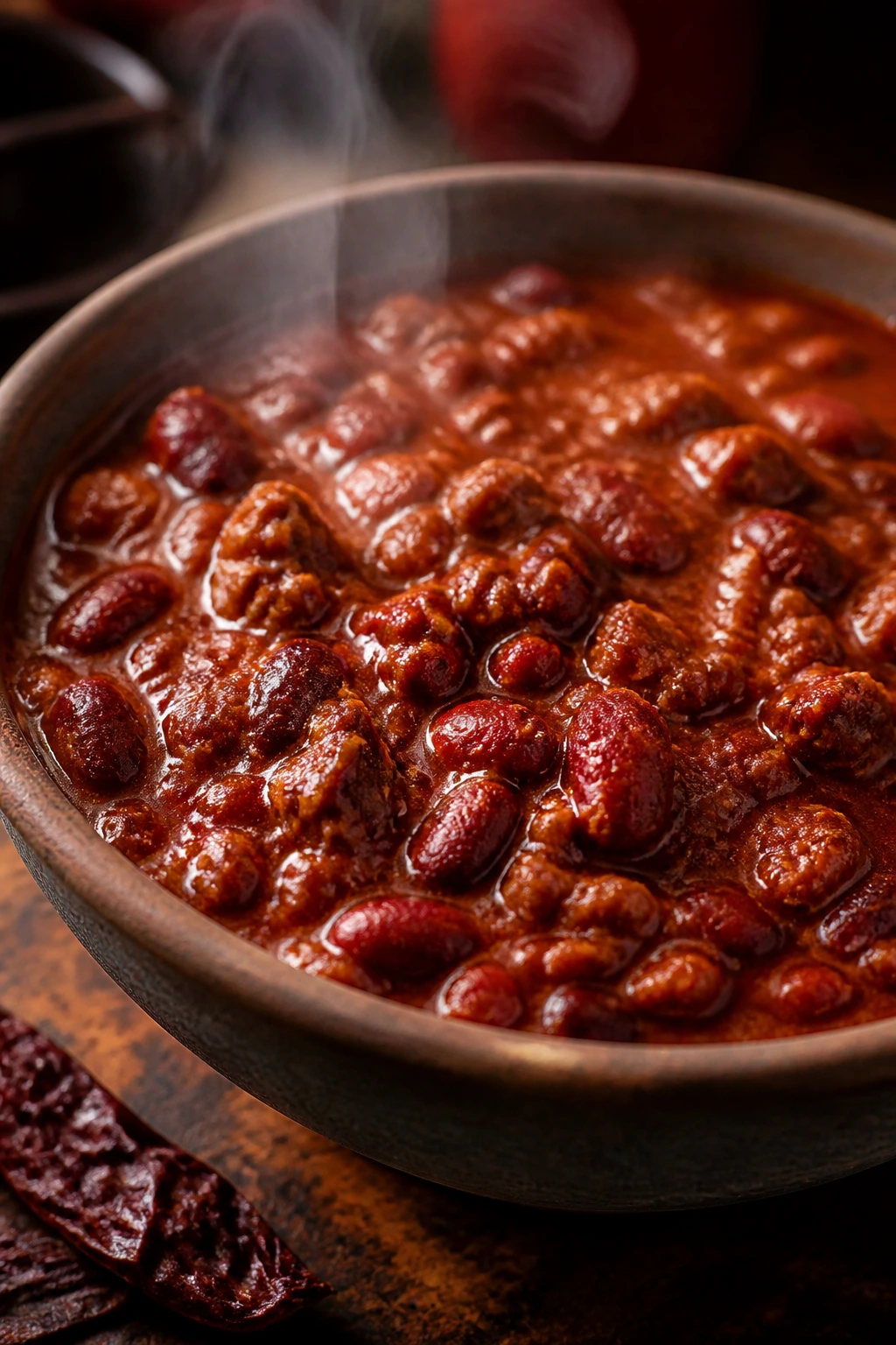 Smoky chipotle chili in a rustic bowl