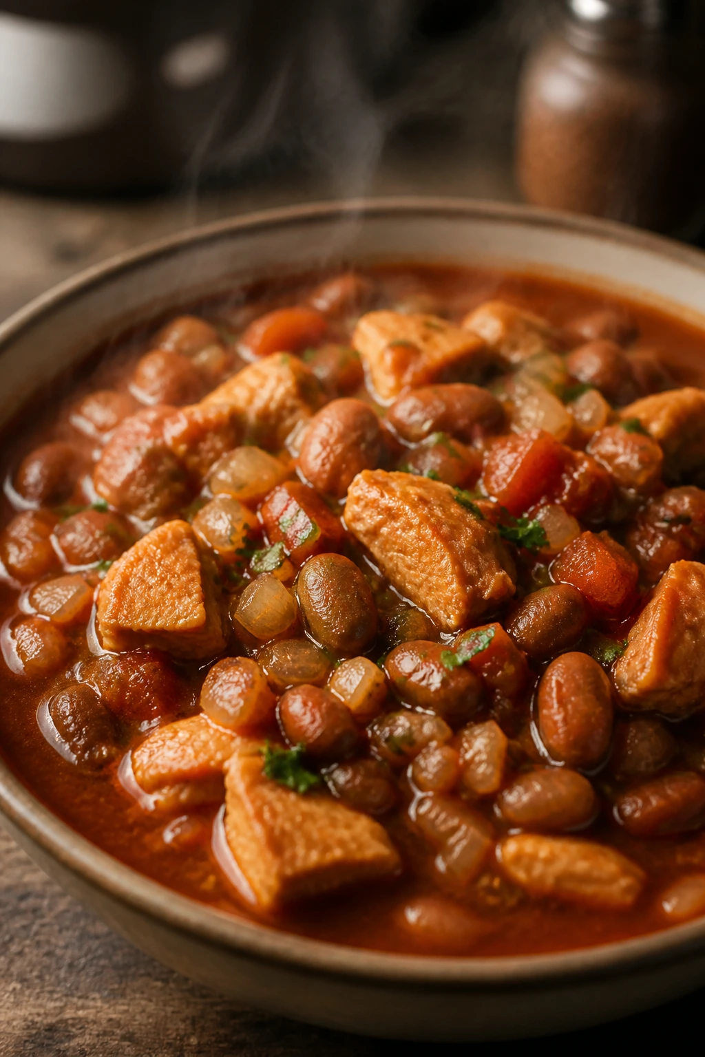 Hearty chipotle turkey and pinto bean stew in a bowl