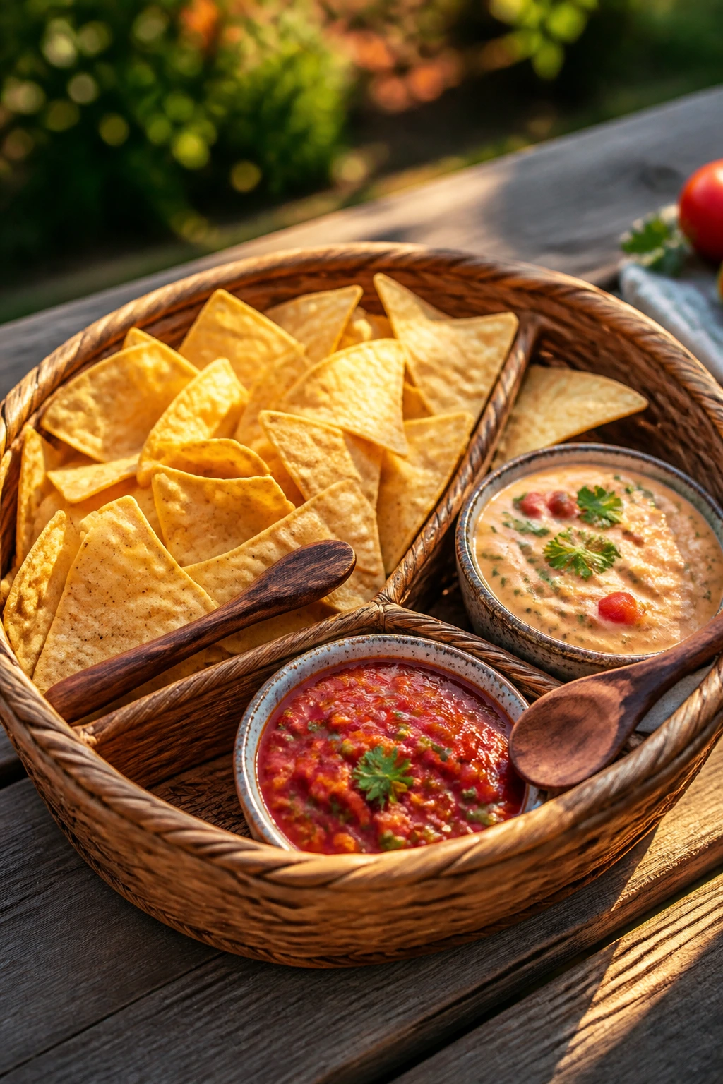 Close-up of a divided chips-salsa-dip basket on a sunlit backyard table