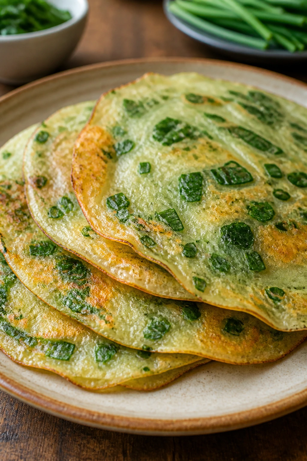 Close-up of Chinese chive egg pancakes stacked on a plate