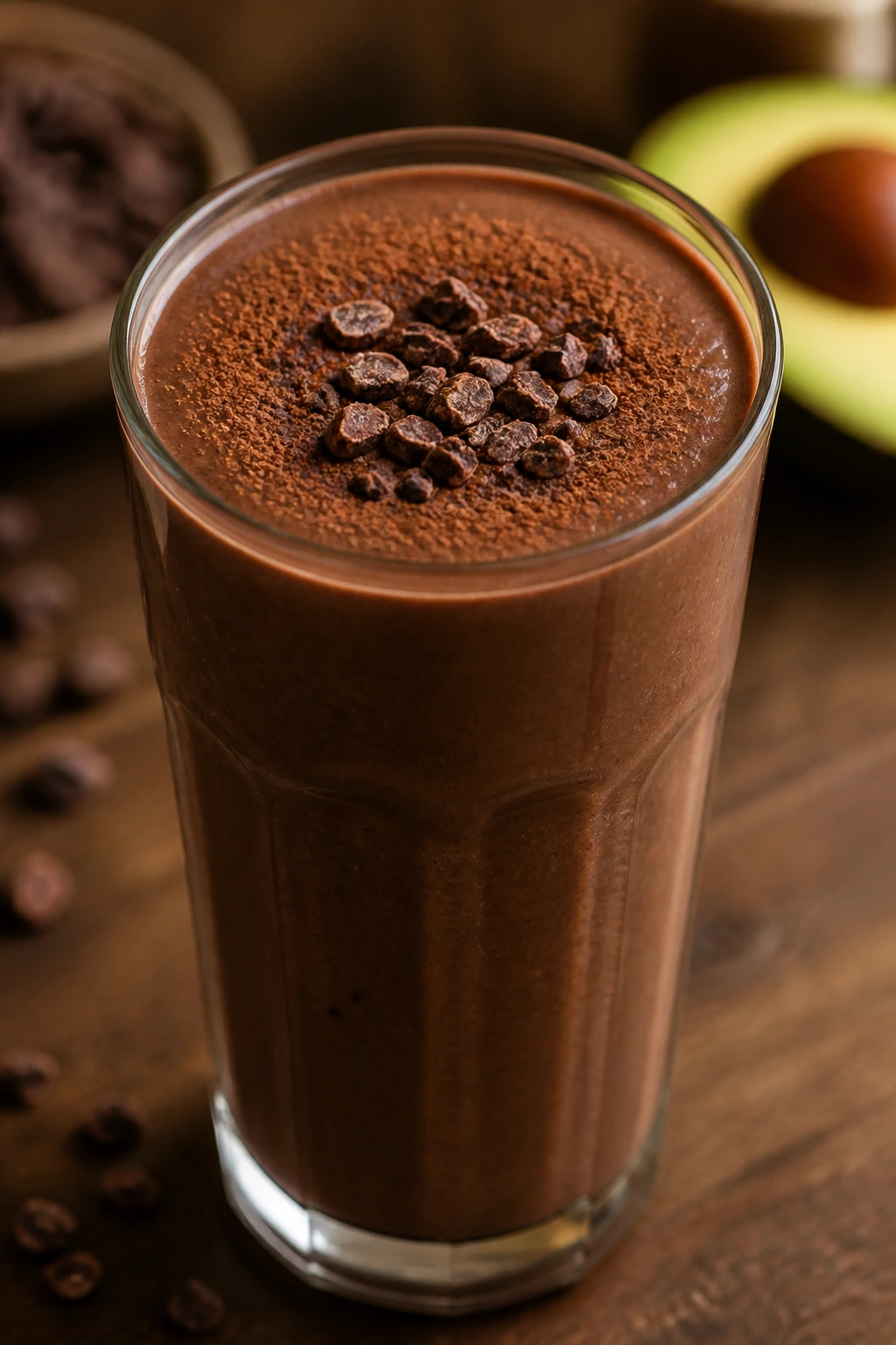 Close-up of chocolate avocado smoothie in glass with cocoa nibs