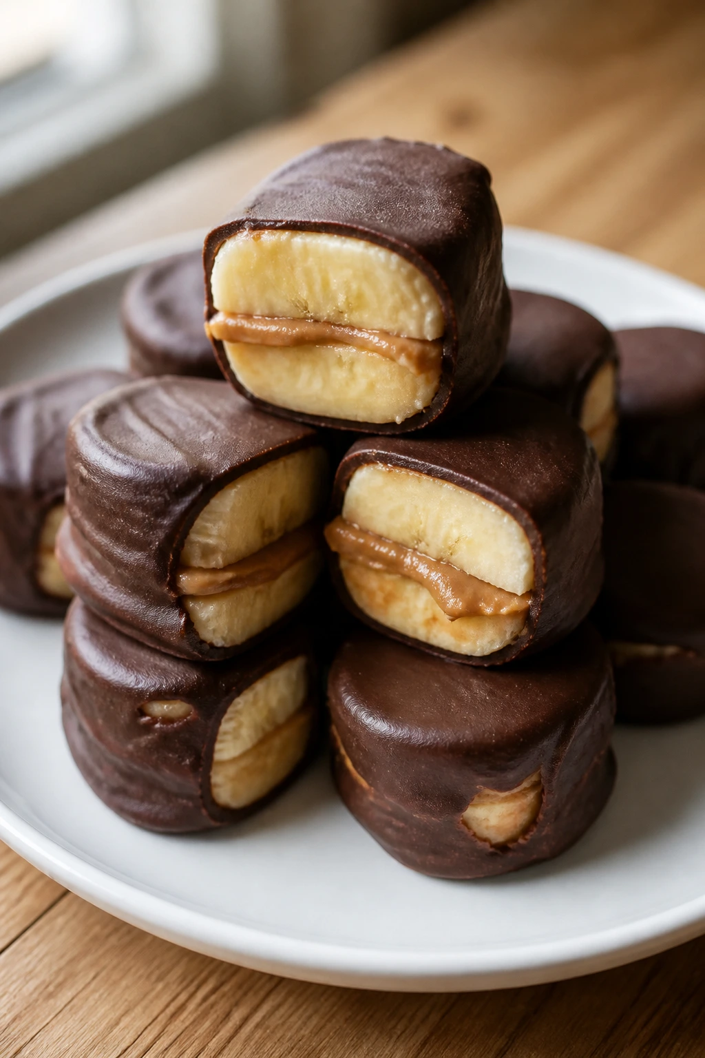 Banana bites with peanut butter and chocolate on a white plate