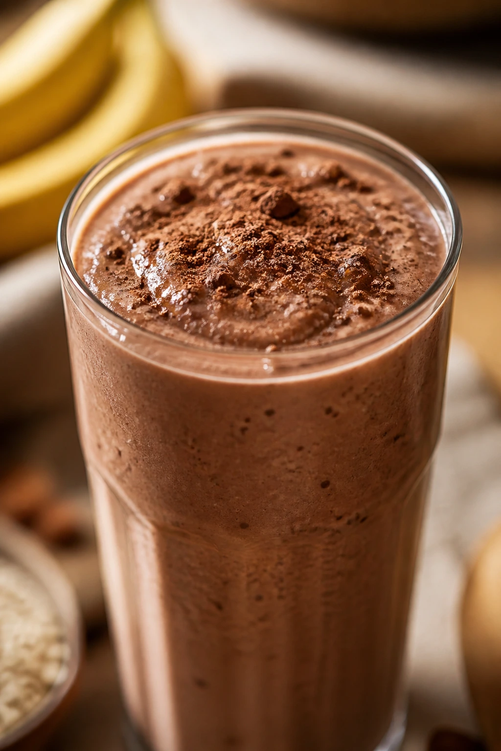 Chocolate banana smoothie with cocoa dusting in a glass